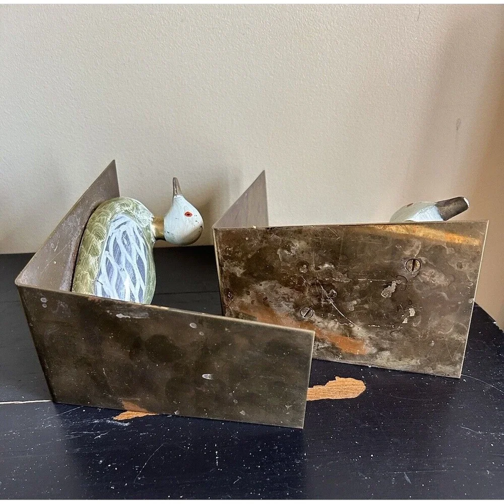 Vintage Hand Painted Enameled Brass Duck‎ Decoy Bookends